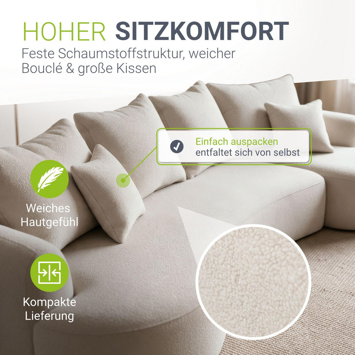 SOFA Tirano Bouclé Creme mit Ottomane rechts - Creme, Textil (300/102cm) - Juskys