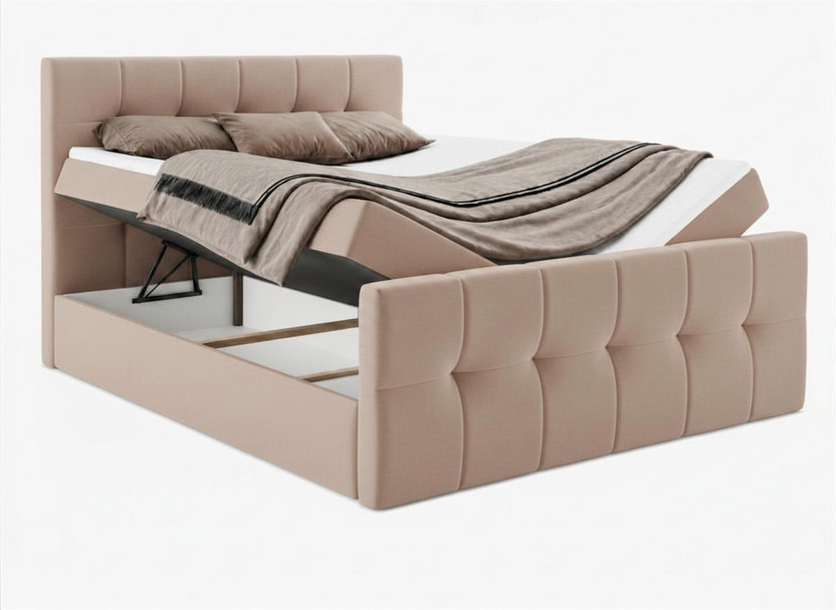 BOXBETT AUREN FRONT 160x200 cm Komplett-Set mit Bonell-Matratze, Topper und Bettkasten, Samt Altrosa - Altrosa, Textil (160/200cm) - Luxkor24