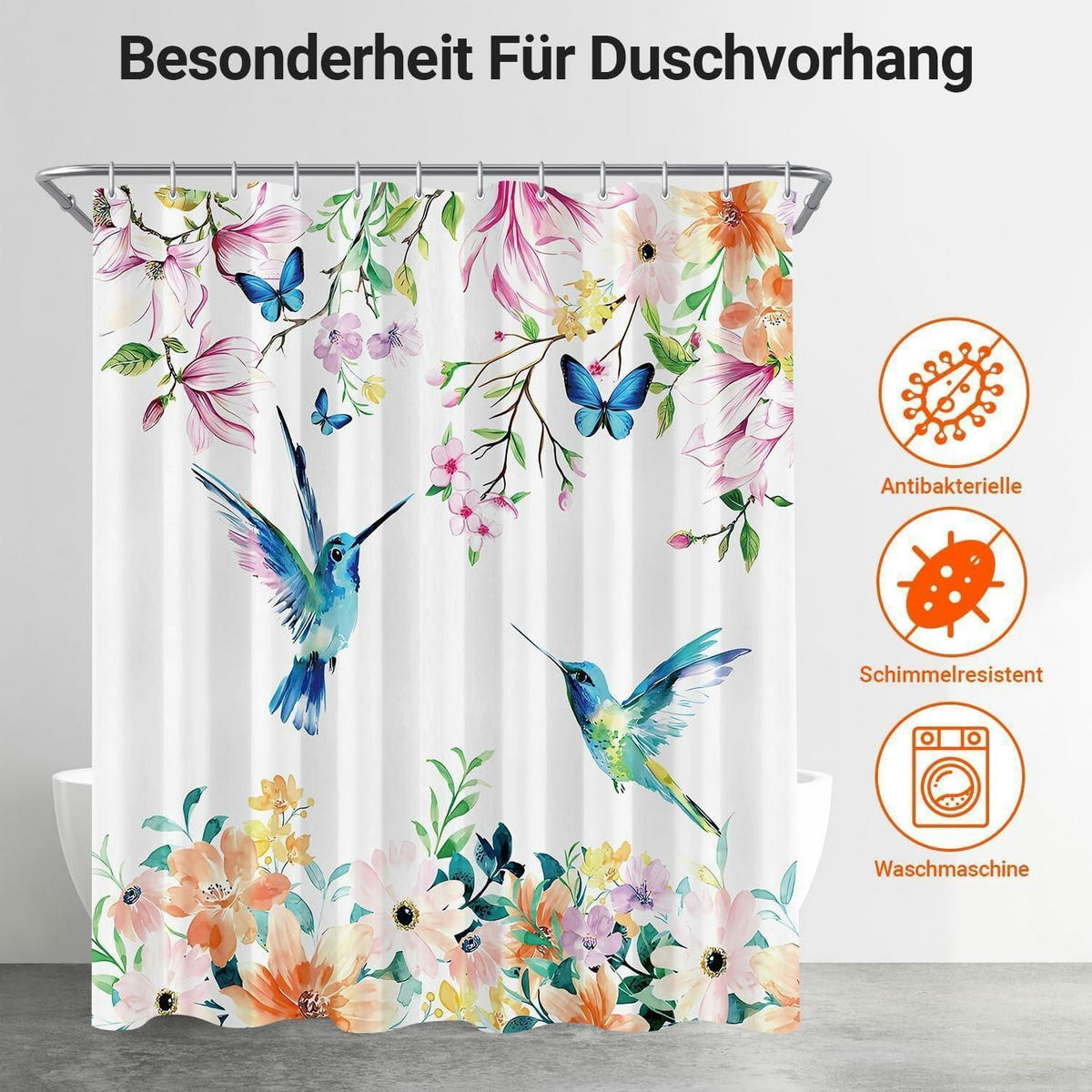 DUSCHVORHANG Rosa Blumen Vogel 120 x 200 cm - Multicolor, Textil (120/200cm)