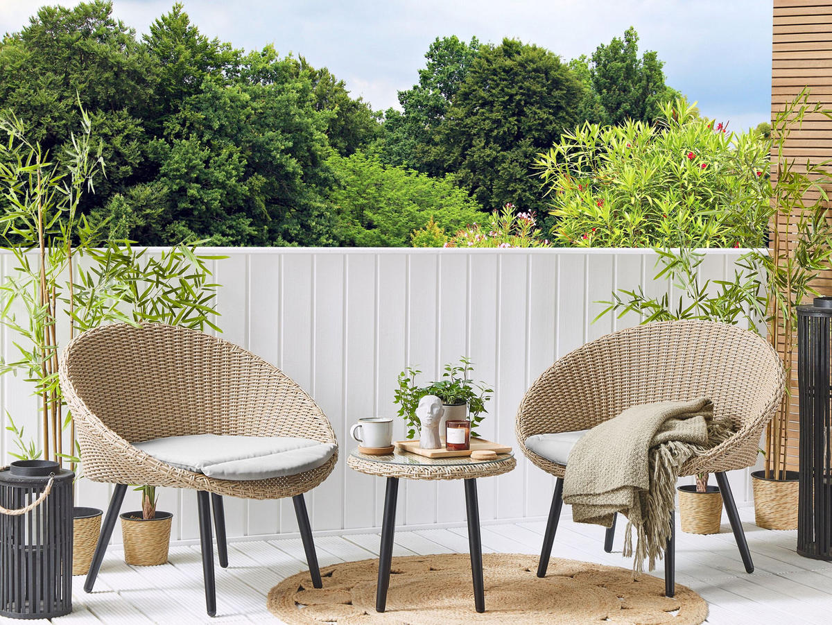 BALKONSET 2-Sitzer Rattan natürlich Auflagen hellbeige Ortigia - Beige/Schwarz, Kunststoff - Beliani