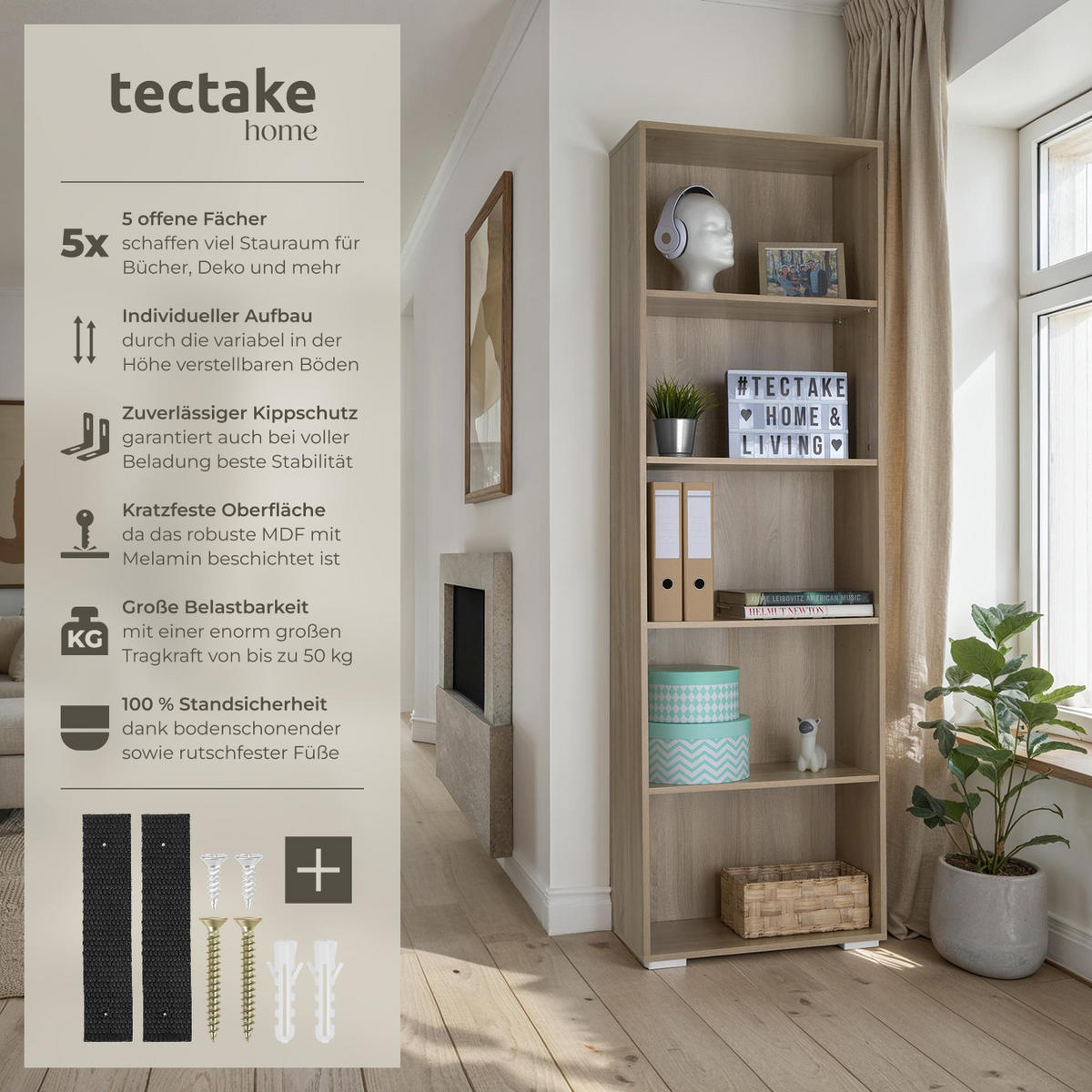 BÜCHERREGAL Lexi,60 x 30 x 190 cm,Holz hell, Eiche Sonoma - Eiche Artisan, Holz (30/190/60cm) - tectake