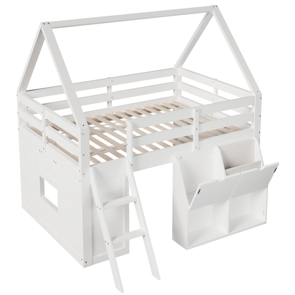 HOCHBETT aus Holz 140x200 cm Weiß mit Treppe, LED-Beleuchtung, Aufbewahrungsboxen und Stofftaschen - Weiß, Holz (140/200cm) - Modfu