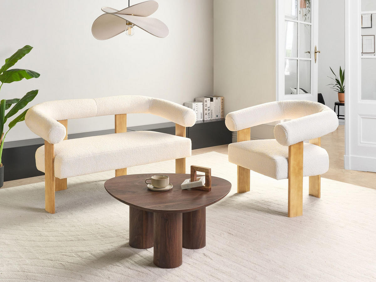 SOFA-SET Bouclé Cremeweiß/Hellbraun Ilbro - Creme/Weiß, Textil (138/76/68cm) - Beliani
