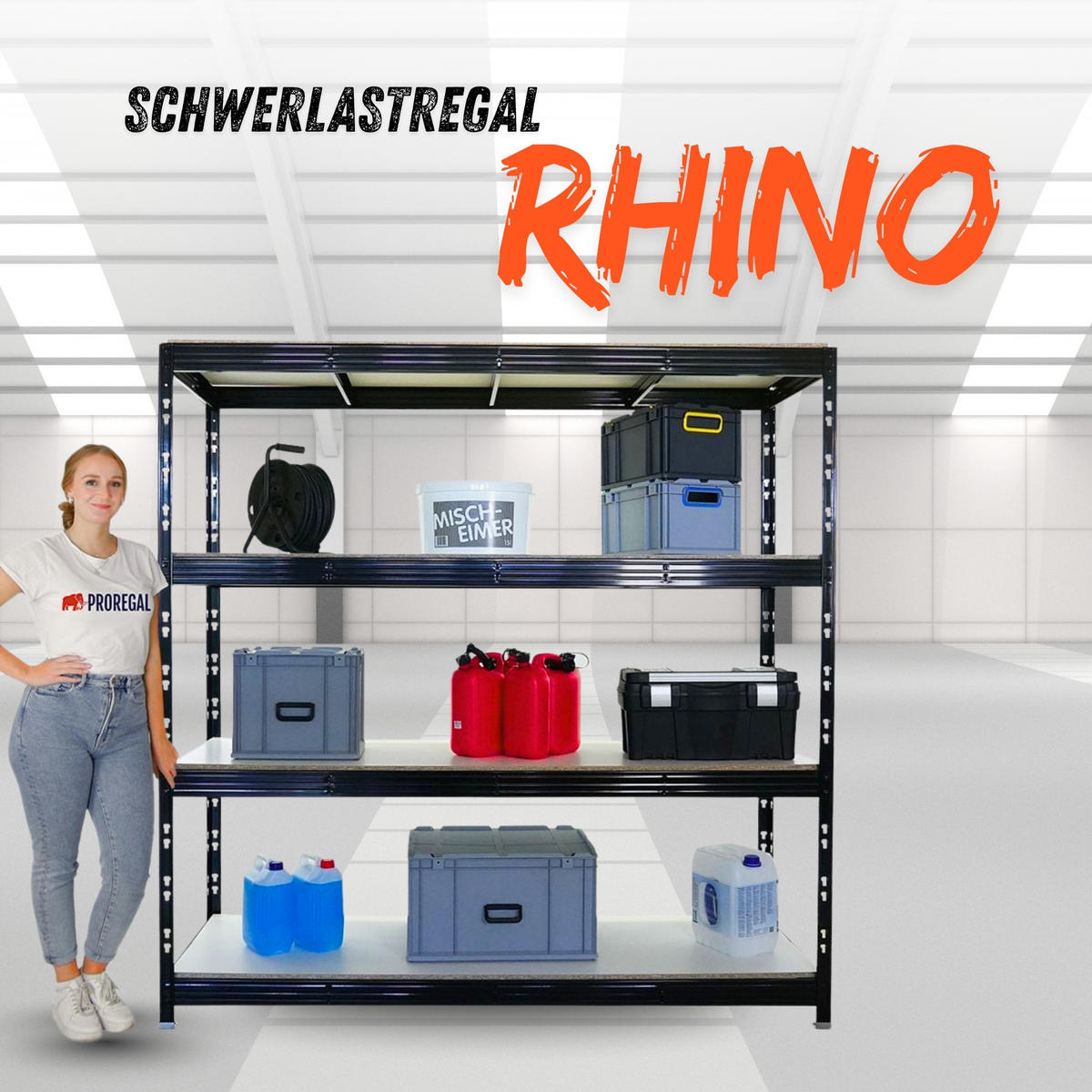 SCHWERLASTREGAL Rhino 200x200x60 cm 4 Melamin-Ebenen 16mm Fachlast 500 kg Schwarz - Schwarz, Metall (200/200/60cm) - PROREGAL