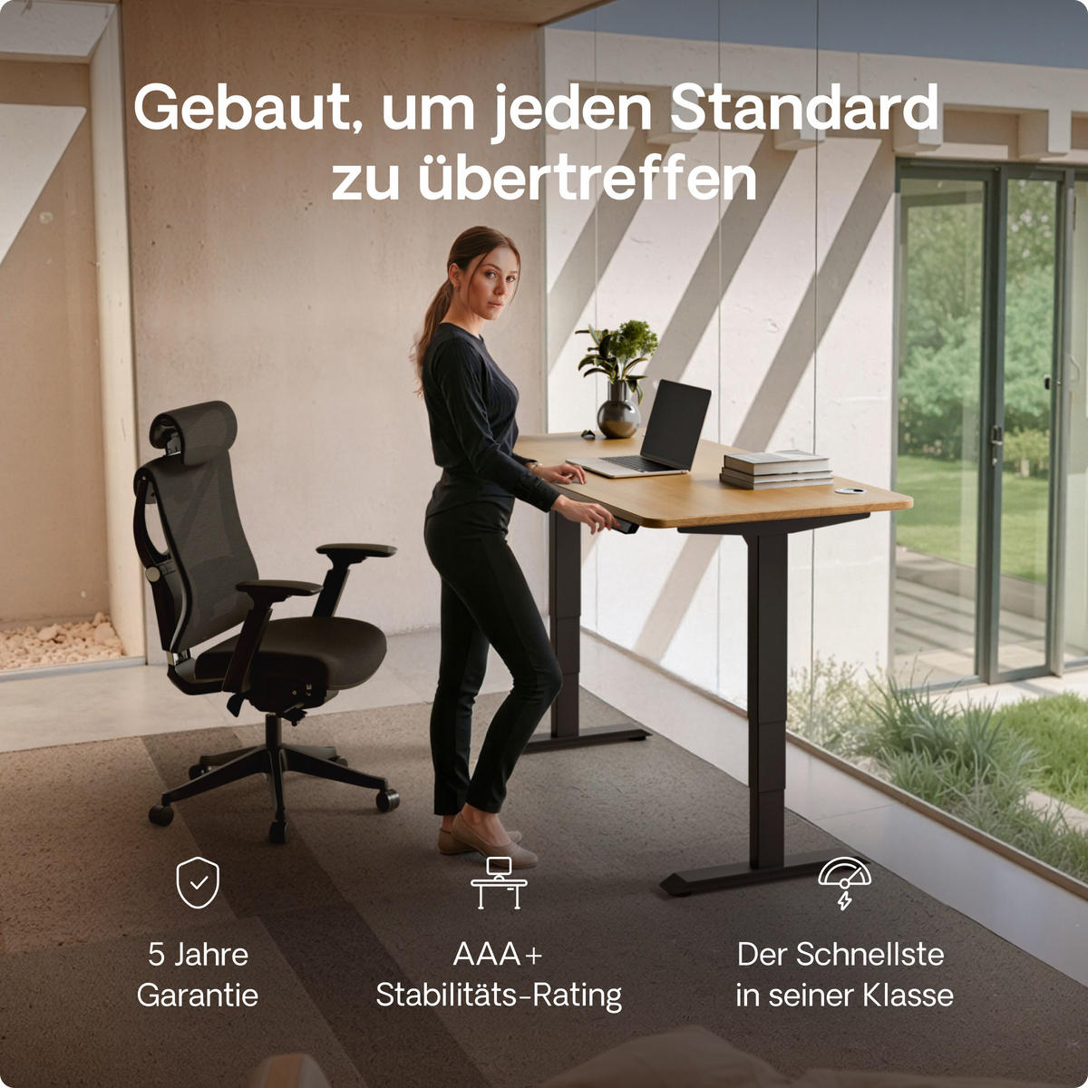 SCHREIBTISCH Elektrisch Höhenverstellbarer HomePro 200x80cm Schwarz/Massive Eiche mit Memory-Funktion, Anti-Kollisions Technologie - Eichefarben/Schwarz, Holz (80/200/63.5cm) - Desktronic
