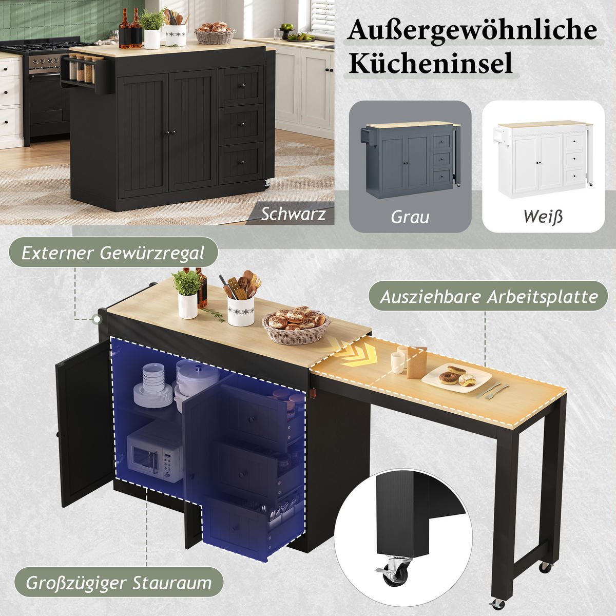 KÜCHENINSEL 112/45/93 cm schwarz aus MDF mit Auszug - Schwarz, Holzwerkstoff (130/93/45cm) - OKWISH