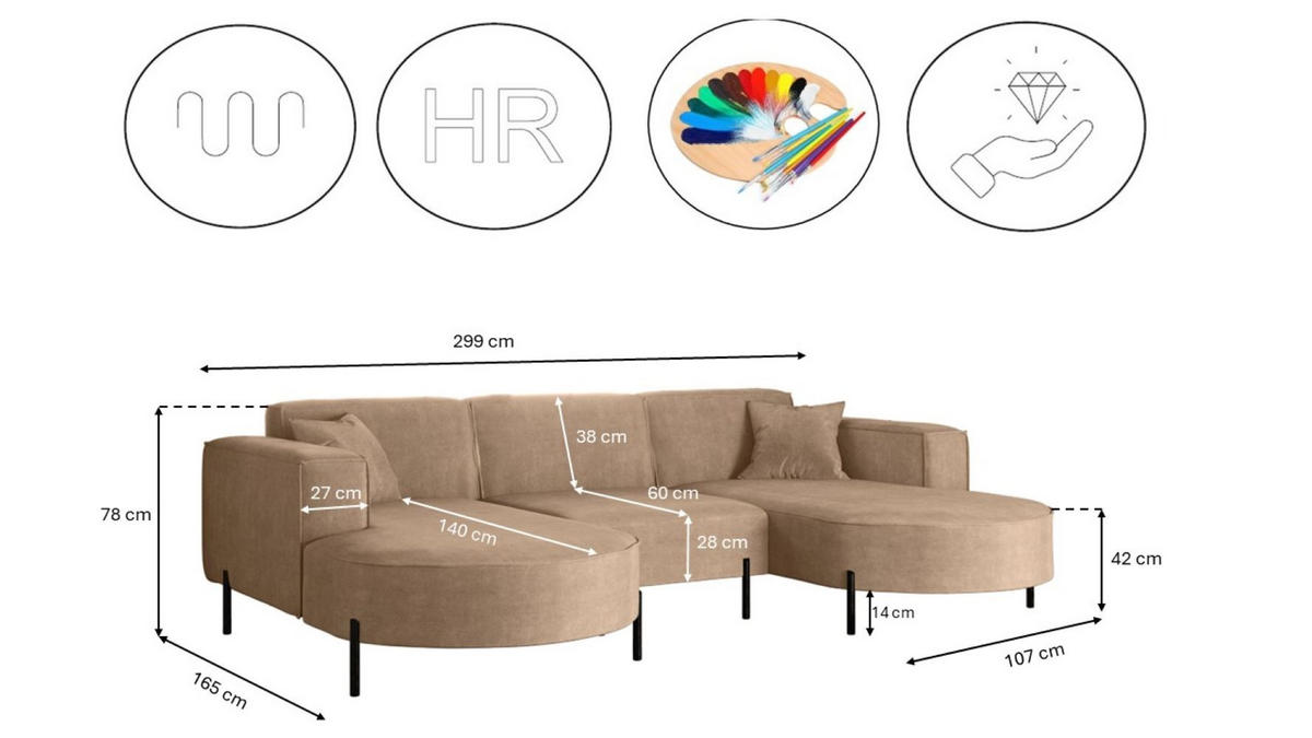 ECKSOFA U-Form Designer Modena Rein Stoff Noel KaltesBeige - Sandfarben, Holz (165/299cm) - Kaiser Möbel