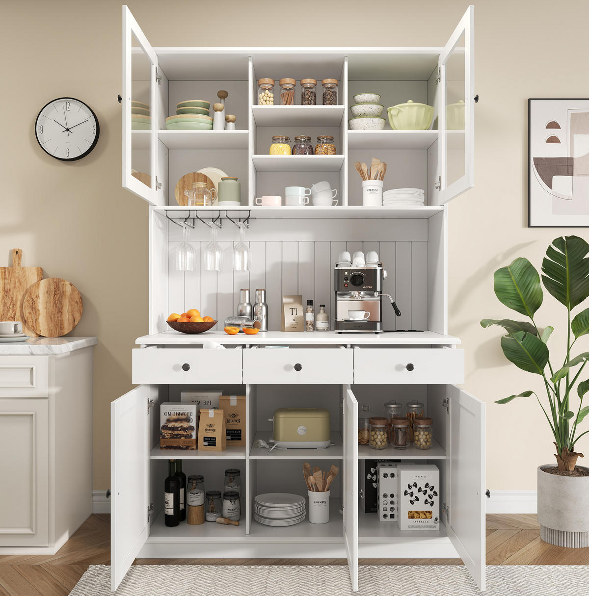 BUFFETSCHRANK aus Spanplatte 120x40x191 cm Weiß mit Glastüren, Gläserhalter und Steckdosen - Weiß, Holzwerkstoff (120/191/40cm) - IVMEU