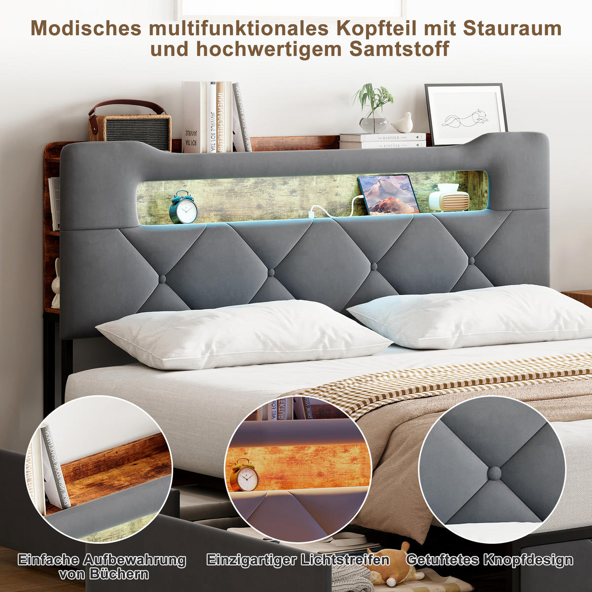POLSTERBETT 160x200 cm Grau Samt USB 4 Schubladen Kopfteil - Grau, Holz (160/200cm) - SHOPENTRA