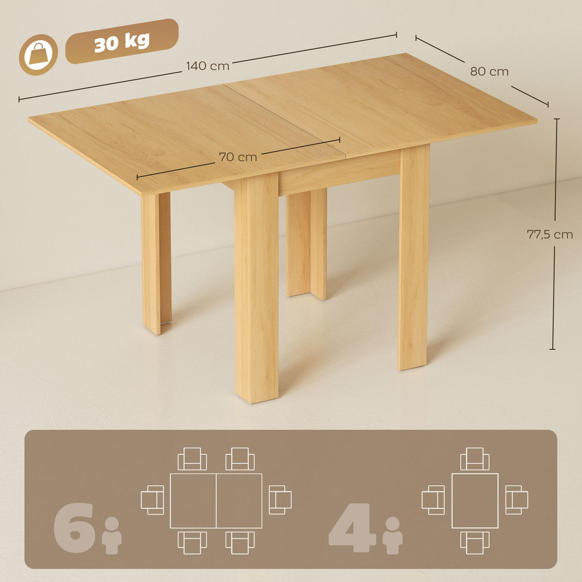 ESSTISCH Naturfarben ausziehbar 140/80/77,5 cm - Naturfarben, Metall (70/80/77.5cm) - PANGIVO