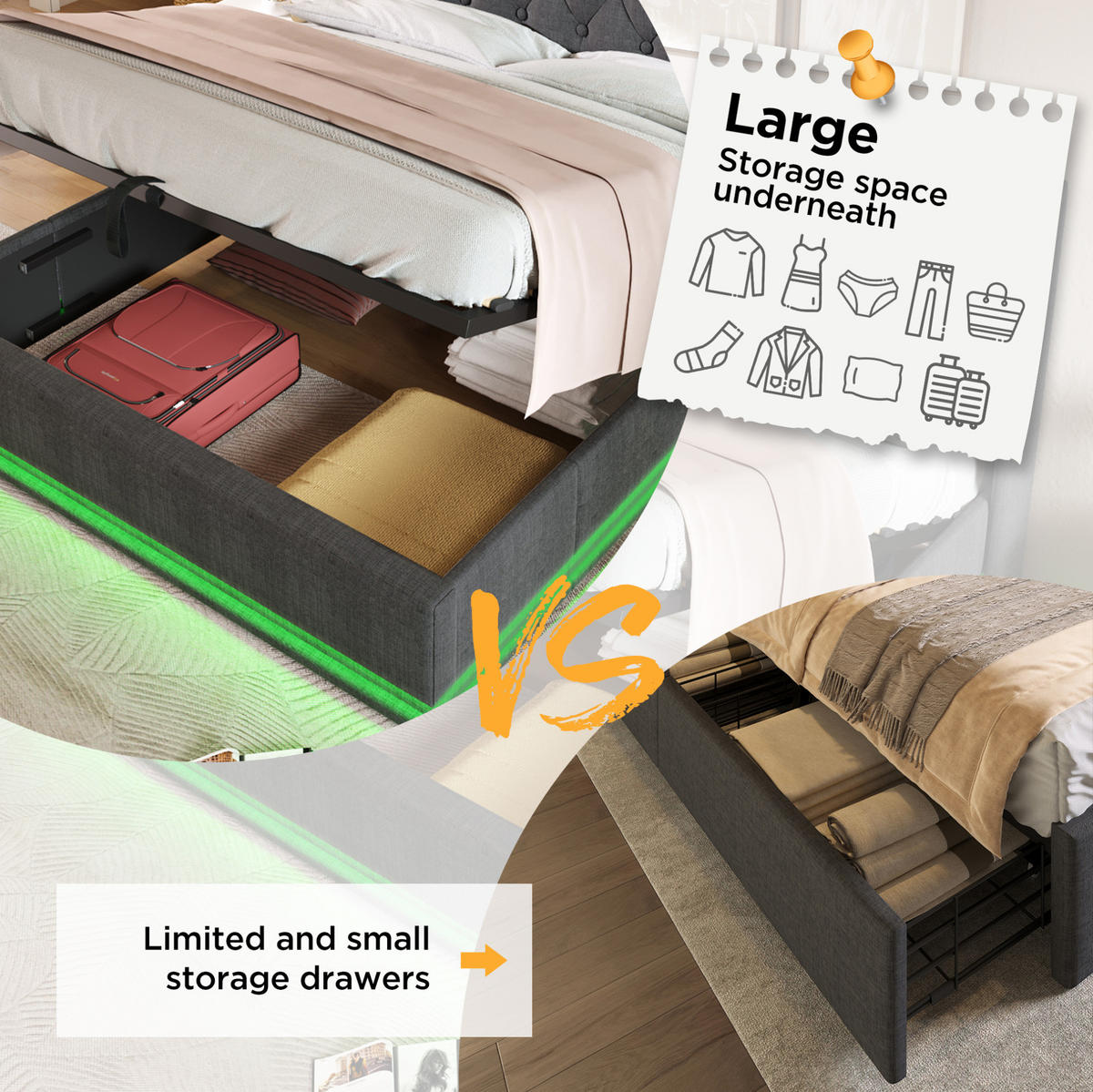 POLSTERBETT 160/200 cm Grau aus Leinen mit LED und Stauraum - Grau, Textil (160/200cm) - OKMYHOME
