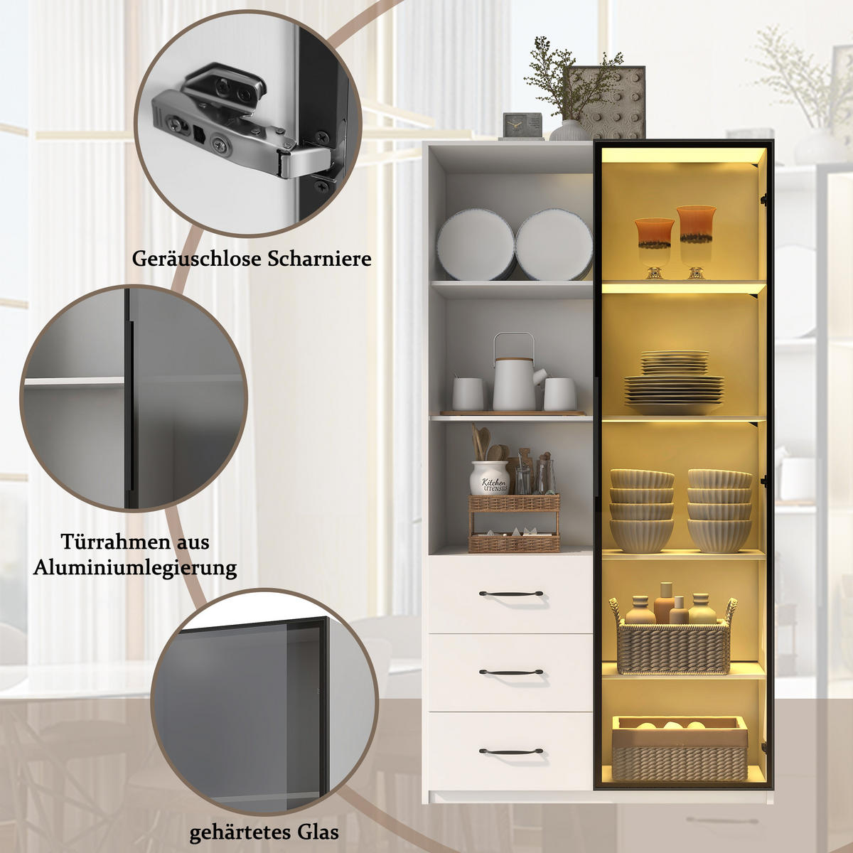 VITRINE 80cm Glas LED Aluminium 3 Schubladen 3 Fächer modern - Weiß, Holzwerkstoff (80/160/40cm) - FLIEKS