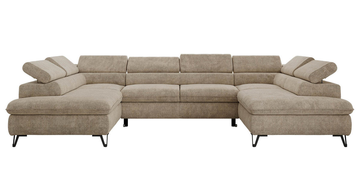 WOHNLANDSCHAFT PABLO U Schenille grob gewebt Beige mit Topper Visco - Beige/Schwarz, Textil/Metall (346/76/208cm) - MKS