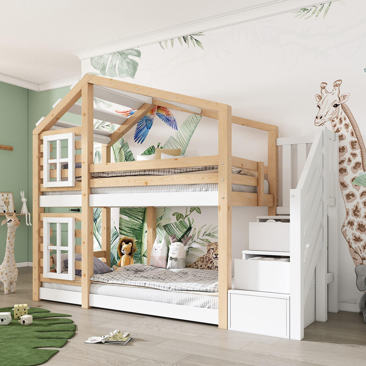 HOCHBETT 0,9*2m Kinderbett für 2 Kinder Baumhausbett Rausfallschutz - Weiß, Holzwerkstoff (90/200cm)