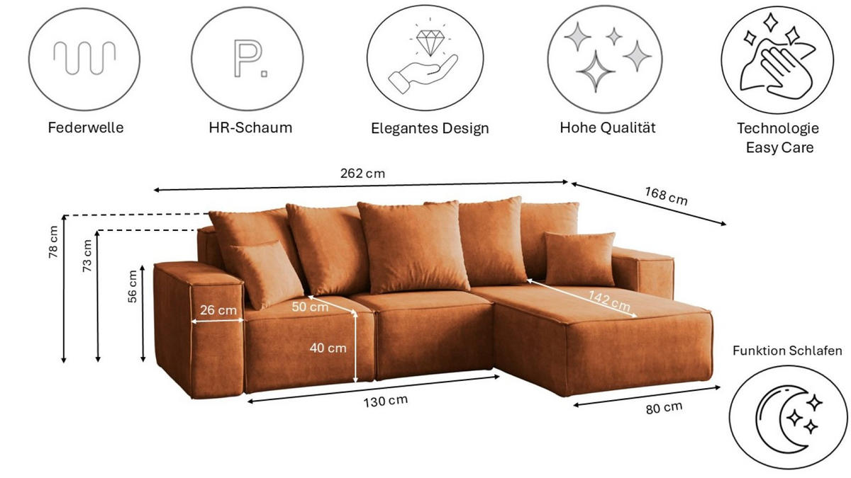 ECKSOFA L-Form Premium Kollektion ELLA Stoff Velours Noel Orange Rechts - Orange, Holz/Textil (262/168cm) - Kaiser Möbel