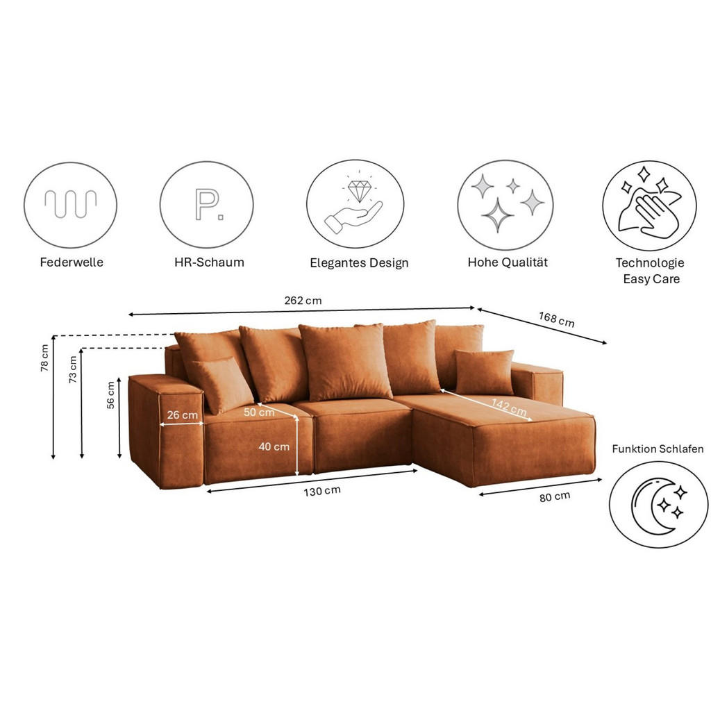 Thumbnail - Kaiser Möbel Ecksofa, Orange, Textil, einzeln stellbar,L-Form, 262x168 cm, Wohnzimmer, Sofas & Couches, Wohnlandschaften...
