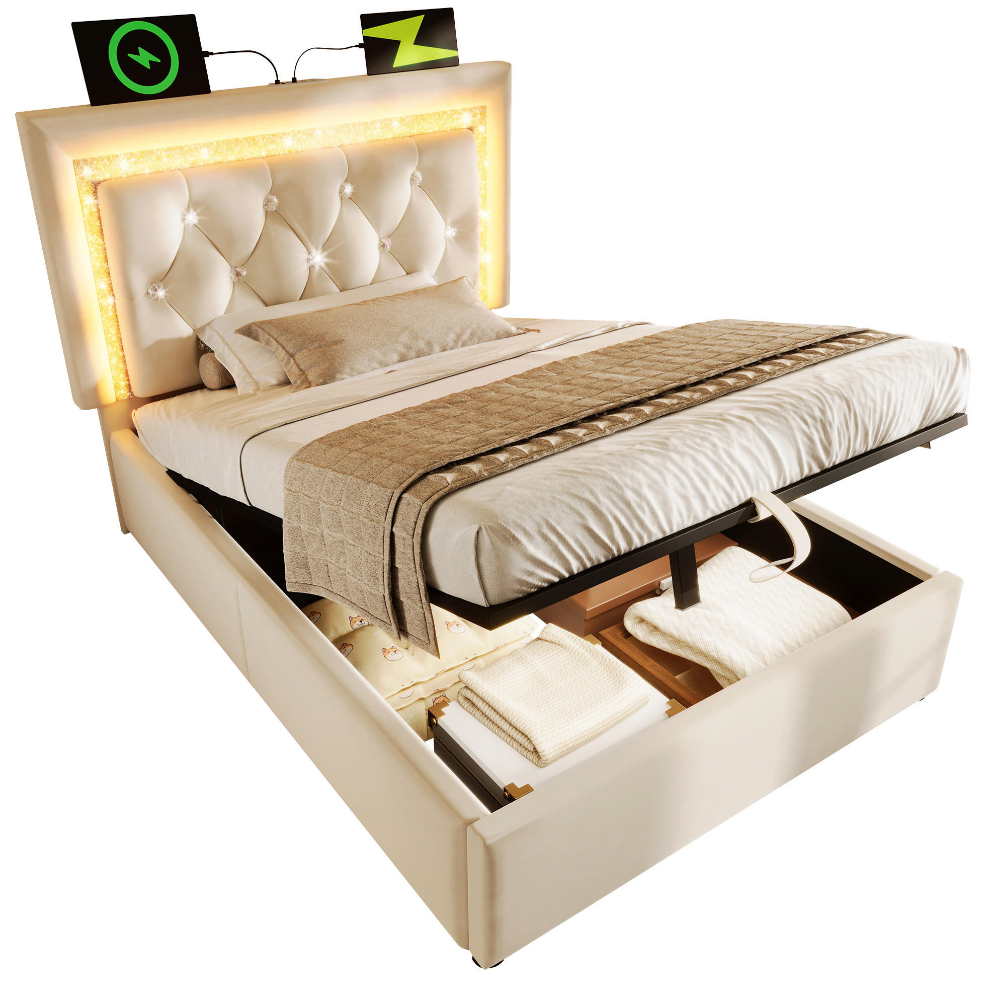 SAMT-POLSTERBETT 90/200 cm mit LED-Beleuchtung, Bettkasten & USB in Beige - Beige, Textil (90/200cm) - BEAOK
