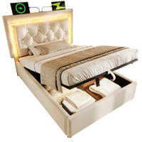 SAMT-POLSTERBETT 90/200 cm mit LED-Beleuchtung, Bettkasten & USB in Beige - Beige, Textil (90/200cm) - BEAOK