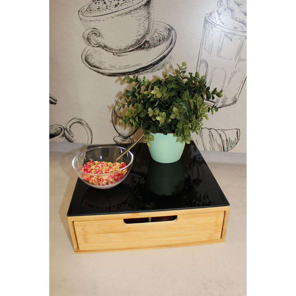 KAFFEEKAPSEL-REGAL mit Schublade, Holz mit Glasplatte - Schwarz, Holz - 5five Simply Smart