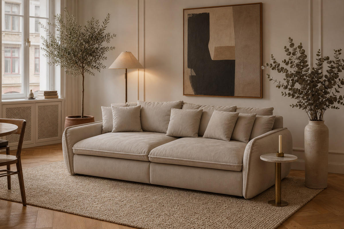 BIGSOFA Hereford Flachgewebe Beige inkl. 11 Kissen 234/131/61 cm - Naturfarben, Kunststoff/Textil (234/61/131cm) - foamnova
