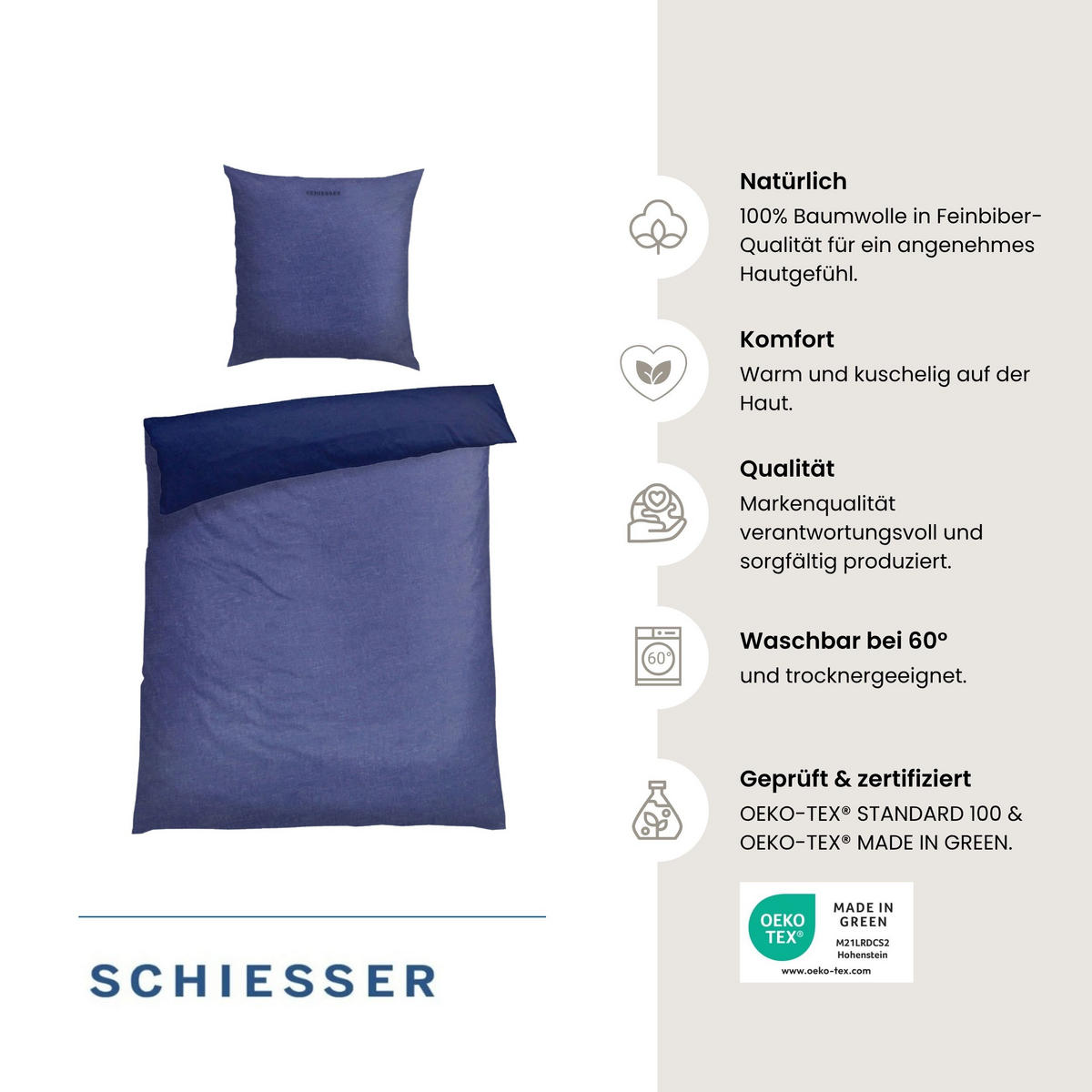 BETTWÄSCHESET Doubleface - Feinbiber - 2-teilig - 155 x 220 cm - Blau - Blau, Textil (155/220cm) - SCHIESSER