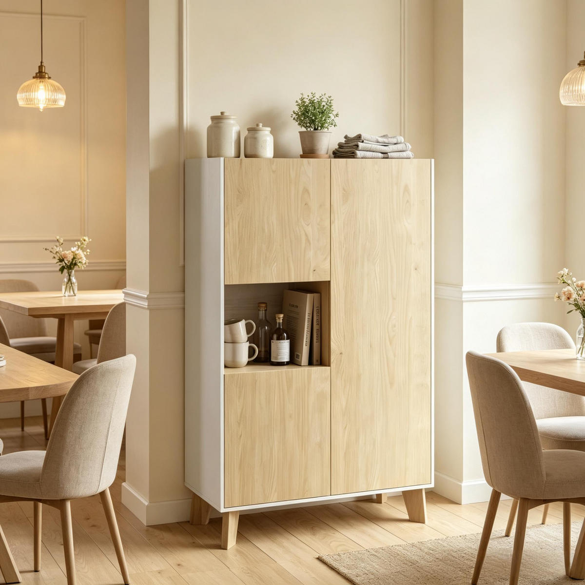 HIGHBOARD DE-38830 80/40/135 cm 5 Fächer und Soft-Close-Türen Naturholz/Weiß - Eichefarben, Holzwerkstoff (80/135/40cm) - ComfortXL