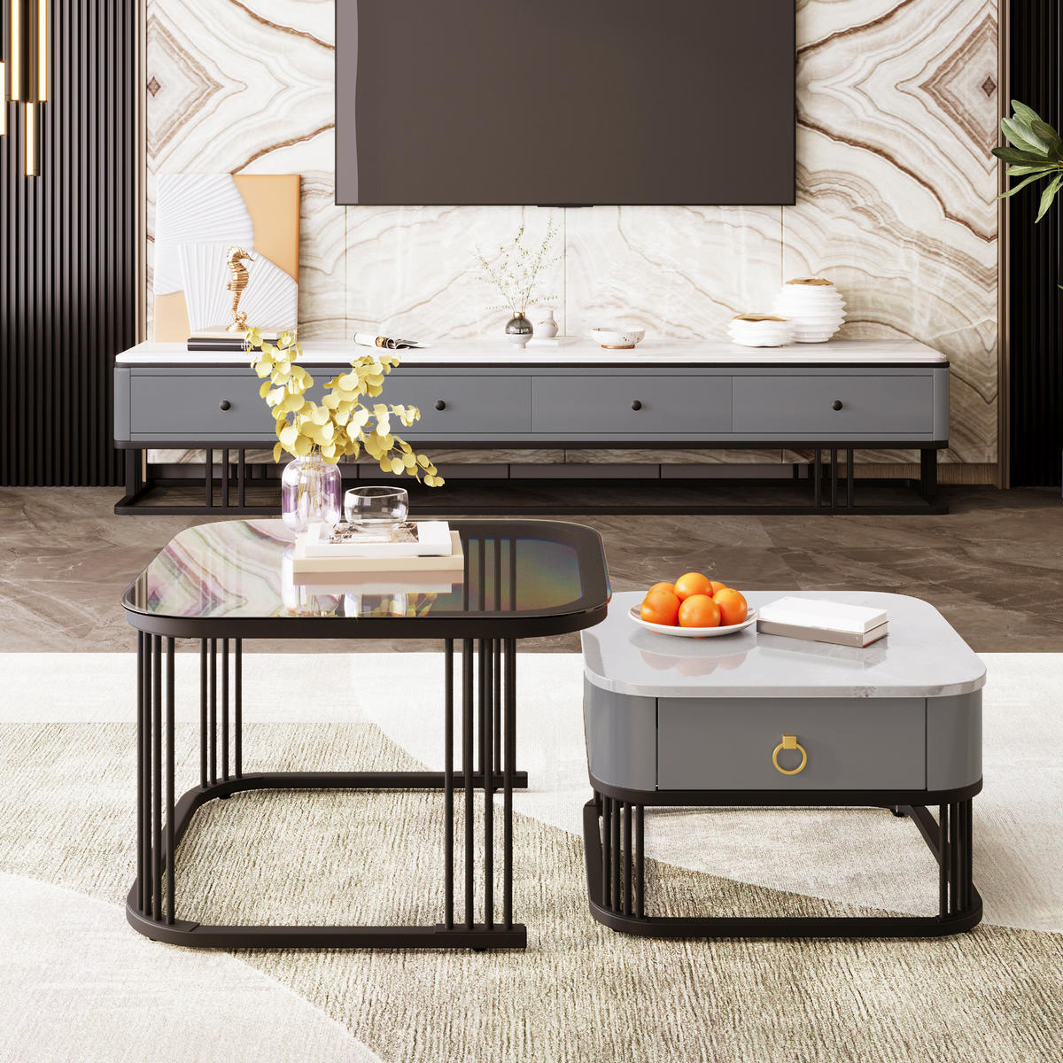 COUCHTISCH-SET in Schwarz mit Schubladen für Wohnzimmer, B60/T60/H45 cm - Schwarz/Grau, Holzwerkstoff (60/60/42cm) - STILVORA