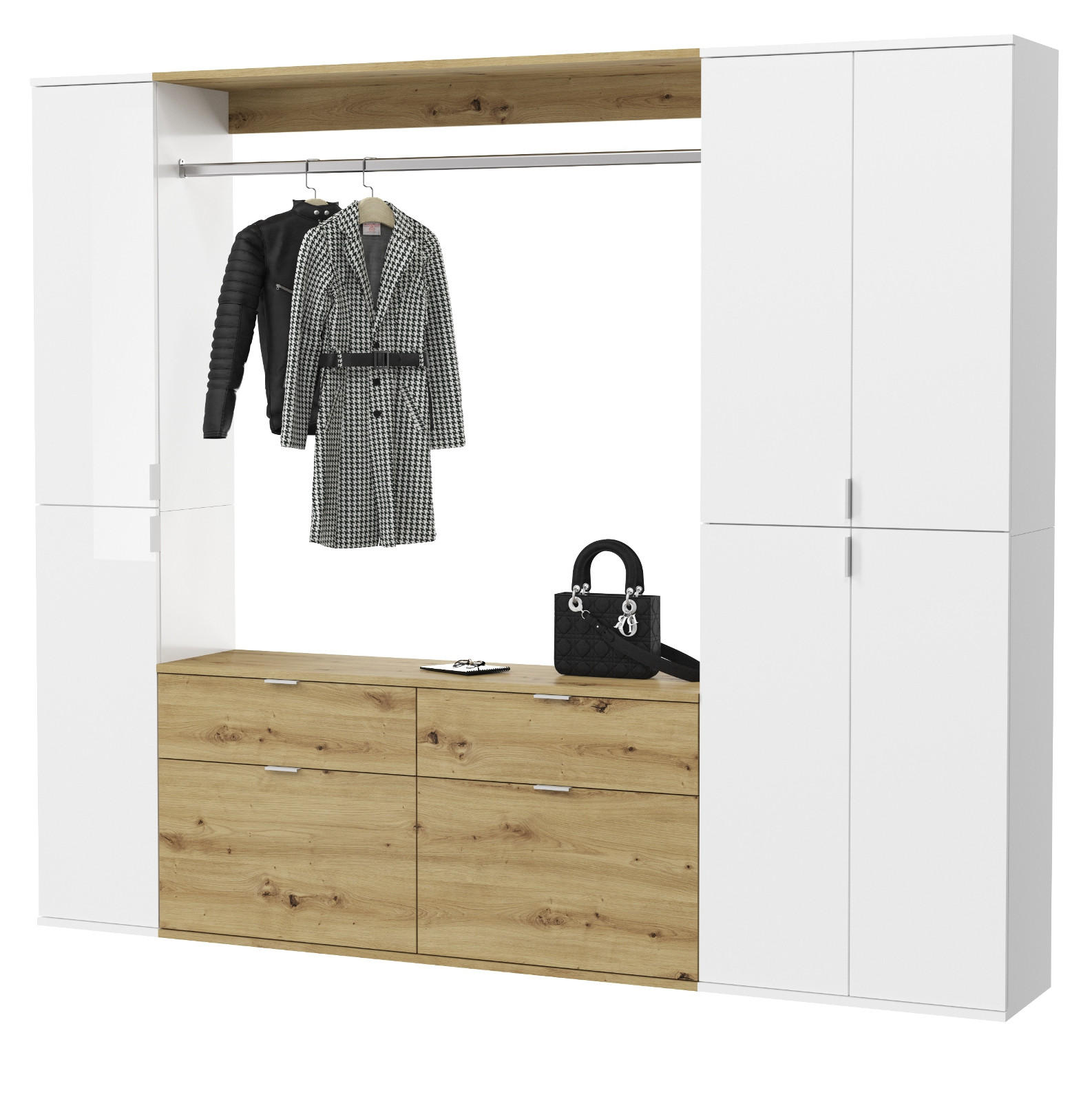 Inn.Furn Garderoben-Set Weiß Hochglanz, Eiche Artisan 212x193x34 cm