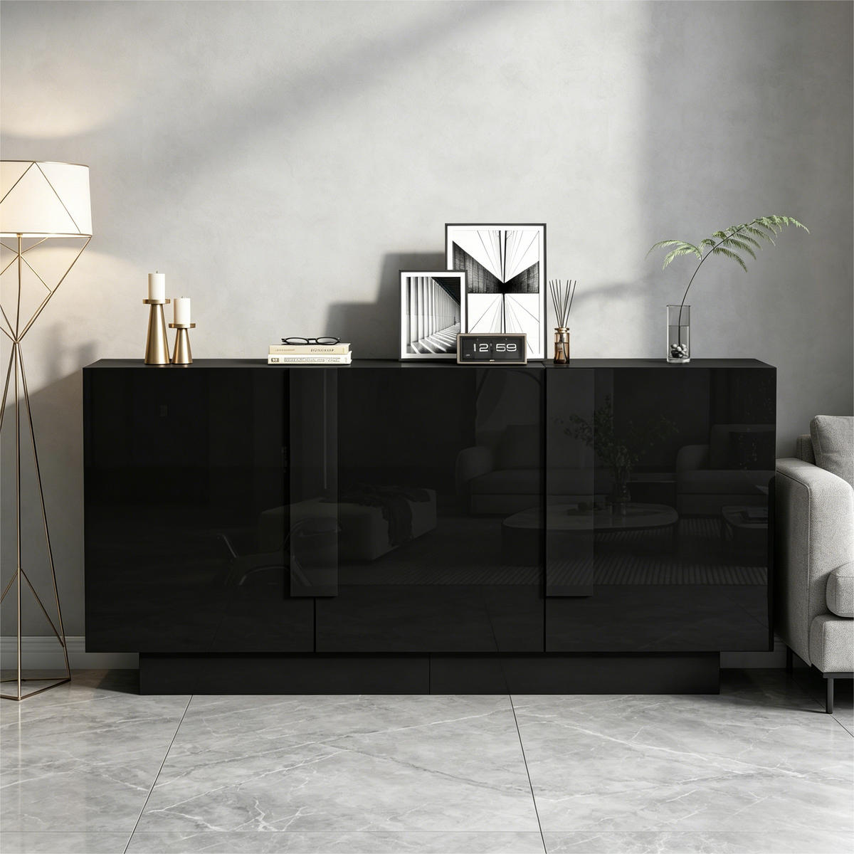 SIDEBOARD Schwarz Hochglanz 3 Türen 160cm 6 Fächer modern - Schwarz, Holzwerkstoff (35/60/160cm) - FLIEKS