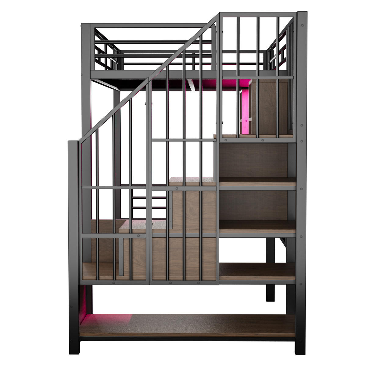 HOCHBETT 90/200 cm DE-01533, in Schwarz, mit Schreibtisch, Steckdose, LED und Stauraumtreppe - Schwarz, Metall (90/200cm) - ComfortXL