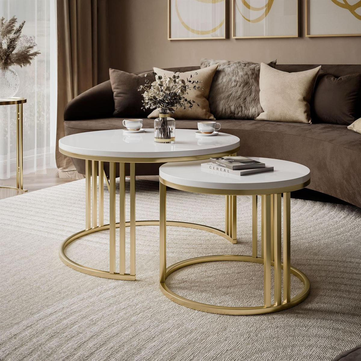 COUCHTISCH 2in1 LORI Hochglanz Gold gebürstet, gebürstetes Gold / weißer Glanz - Weiß, Metall (70/70/49cm) - Lookway