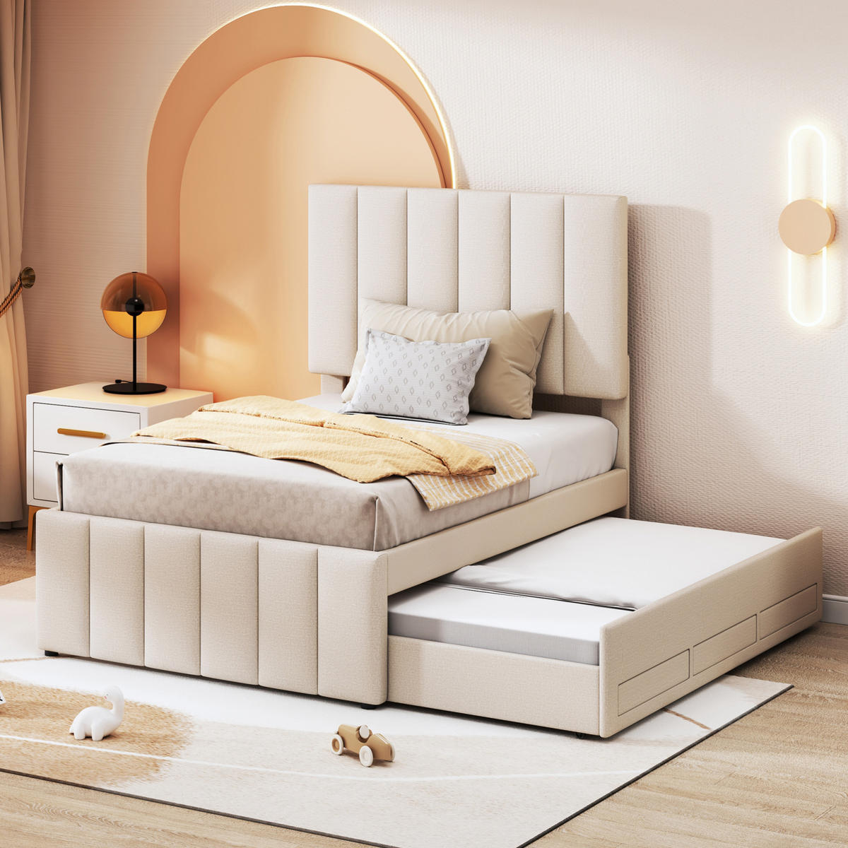 POLSTERBETT 90/200 cm mit Ausziehbett und 3 Schubladen, höhenverstellbarem Kopfteil und Leinenbezug, Beige - Beige, Textil (90/200cm) - Redom