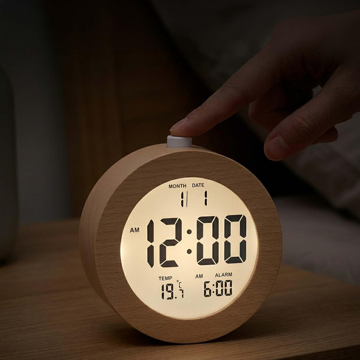 VÄCKARKLOCKA natur bokträ digital - Ljusbrun, Trä/Plast (9.5/9.5/5cm) - Relaxdays