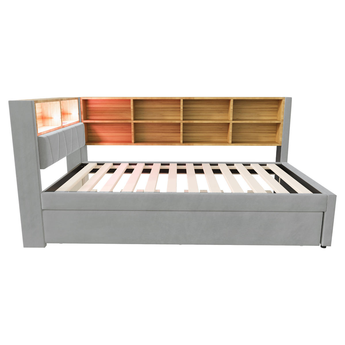 BETT mit Ausziehbett 90/200 und 90/190 cm mit LED-Beleuchtung und Ladeanschlüssen Flanell Hellgrau - Hellgrau, Textil (90/200cm) - OKWISH