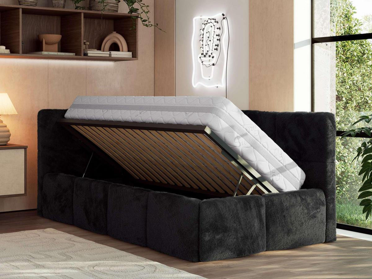 JUGENDBETT ARVO 90/200 - Schwarz Plüsch - Pocket-Matratze - Links Seite - Schwarz, Textil (90/200cm) - MKS