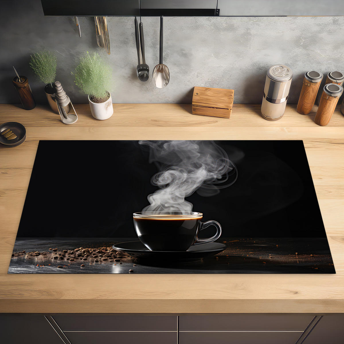 HERDABDECKPLATTE Kaffee - Schwarz - Bohnen - Heiß - Tasse Ceranfeldabdeckung 90x52 cm - Schwarz, Kunststoff (90/52/0.2cm) - MuchoWow