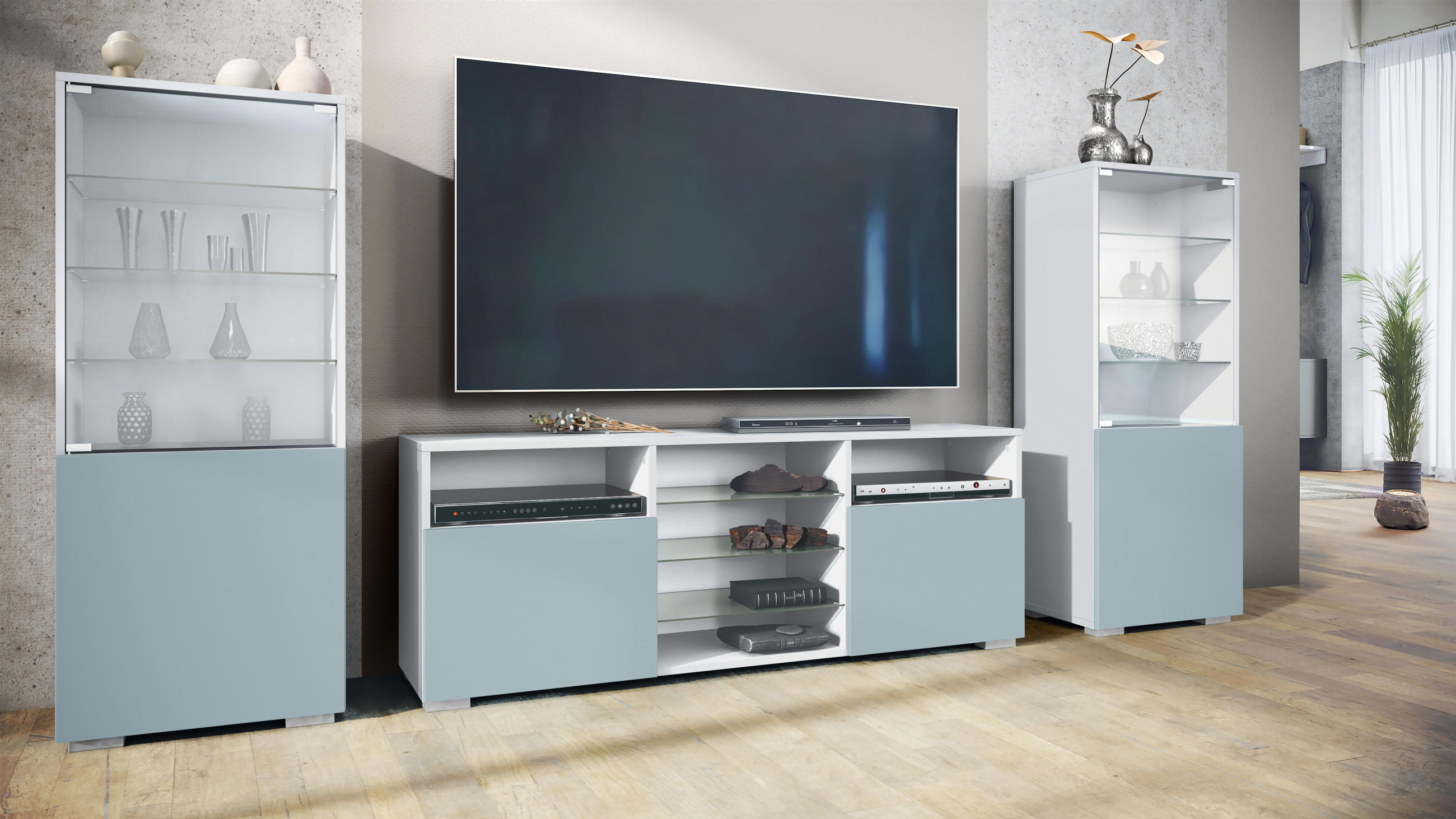 WOHNWAND Granada Denim matt - Pastellblau, Holzwerkstoff (286/122.5/35cm) - Vladon