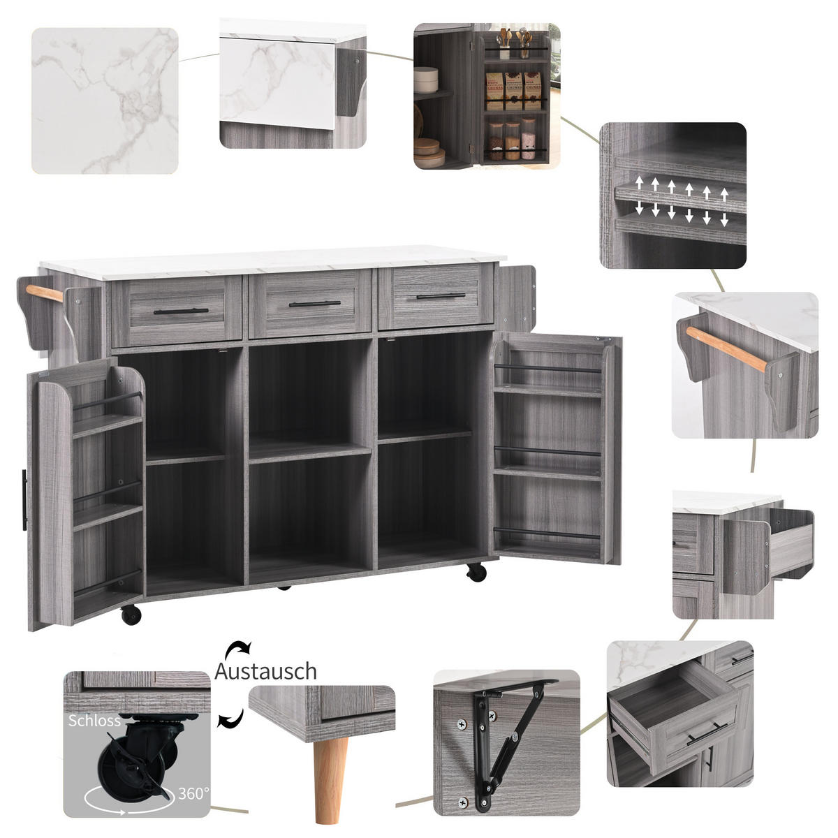 KÜCHENINSELWAGEN 139x71x91.5cm Grau mit Falttisch, Schubladen & Rollen - Grau, Holzwerkstoff (139/91.5/71cm) - Modfu