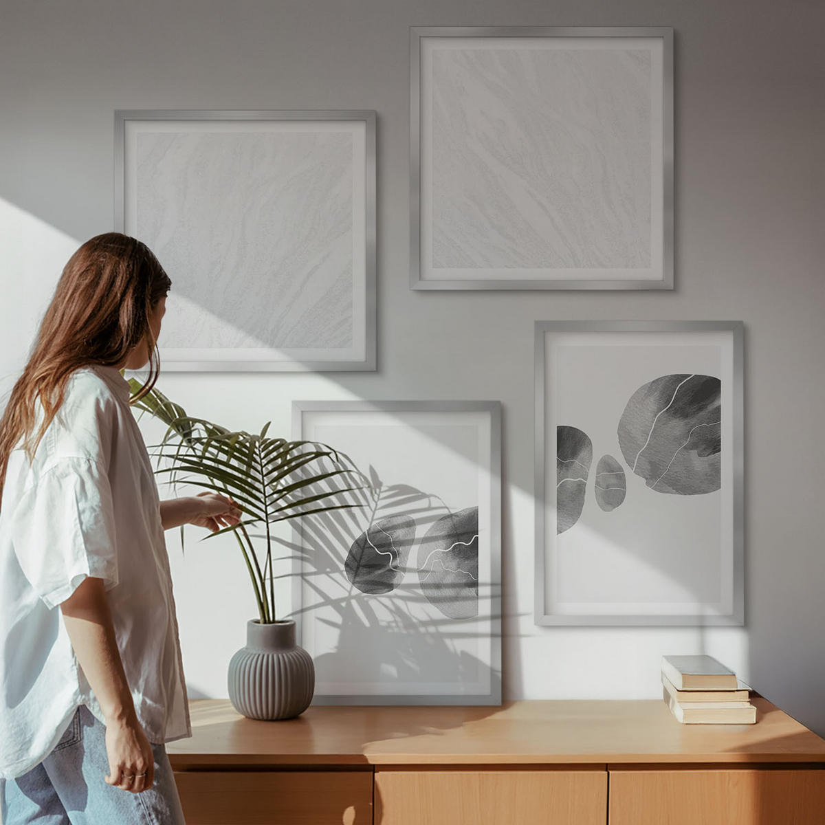 WANDBILDER 4er Set - 50x50 cm & 40x60 cm Silberner Rahmen - Abstrakte Kunst, Farbspritzer - Silberfarben, Kunststoff (50/50cm) - ArtPrintCave