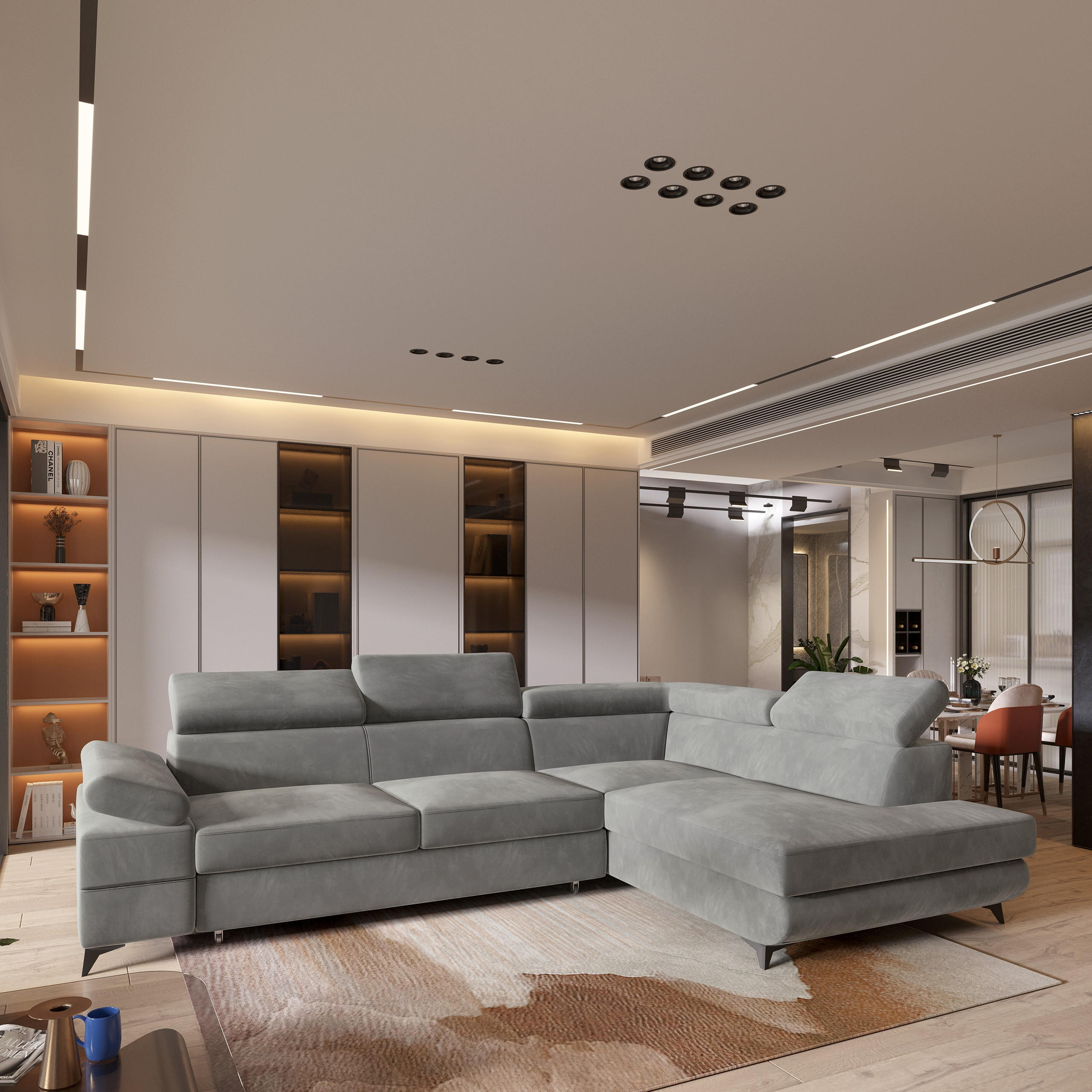 ECKSOFA FAVIEN R-S Hellgrau Velours-Stoff mit Schlaffunktion - Hellgrau, Holz (257/190cm) - MASSENO