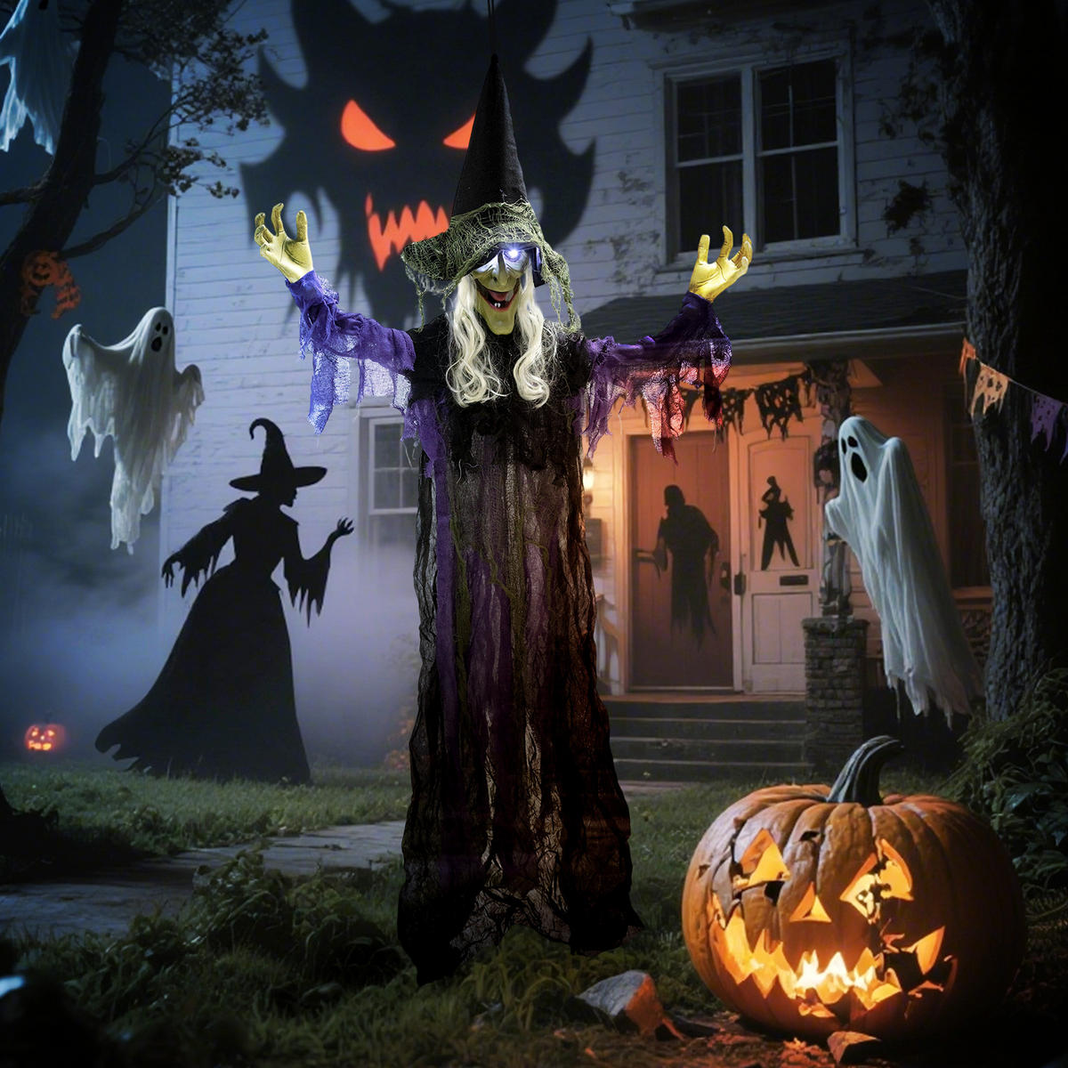 HALLOWEEN-HEXE DE-42117 183 cm hängend mit LED und Sound - Lila/Schwarz, Metall (80/183/15cm) - ComfortXL