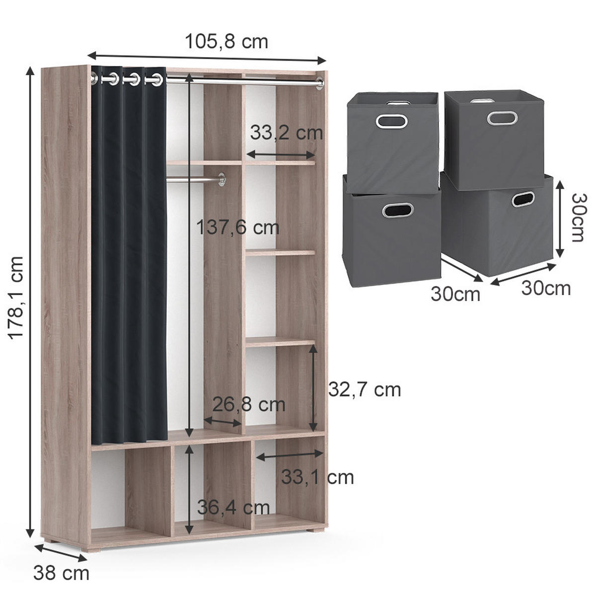 KLEIDERSCHRANK Luigi Sonoma 105.8 x 178.1 cm Mit Faltboxen (grau) - Sonoma Eiche, Holzwerkstoff (38/178.1/105.8cm) - Vicco