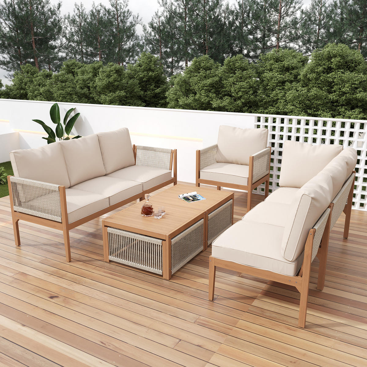 GARTENSET, 7-8 Personen, Abnehmbarer Bezug, Beige - Beige, Textil - FLIEKS