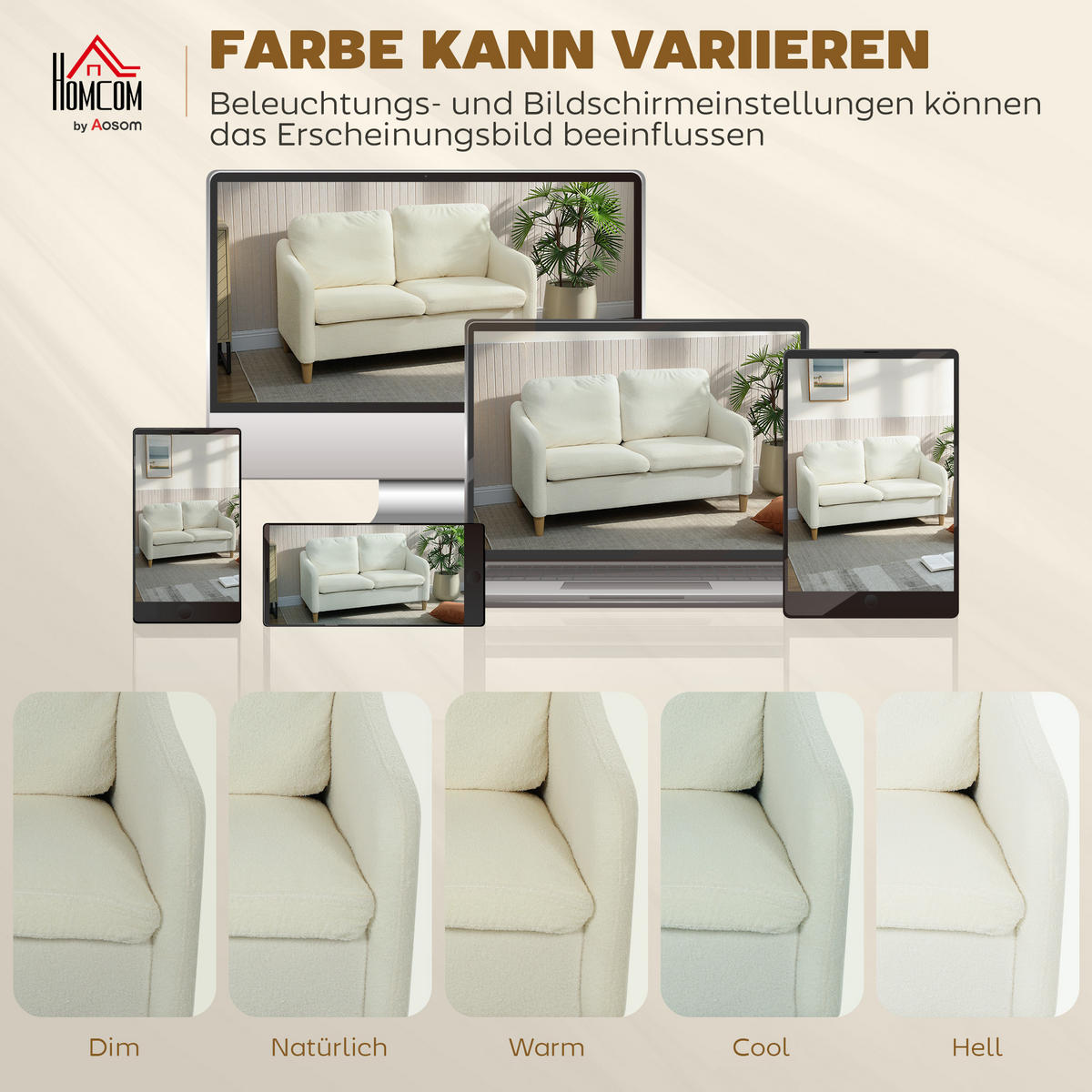 SOFA Polyester Eukalyptusholz Cremeweiß - Eukalyptusholzfarben/Creme, Holz/Textil (69/82/137cm) - HOMCOM