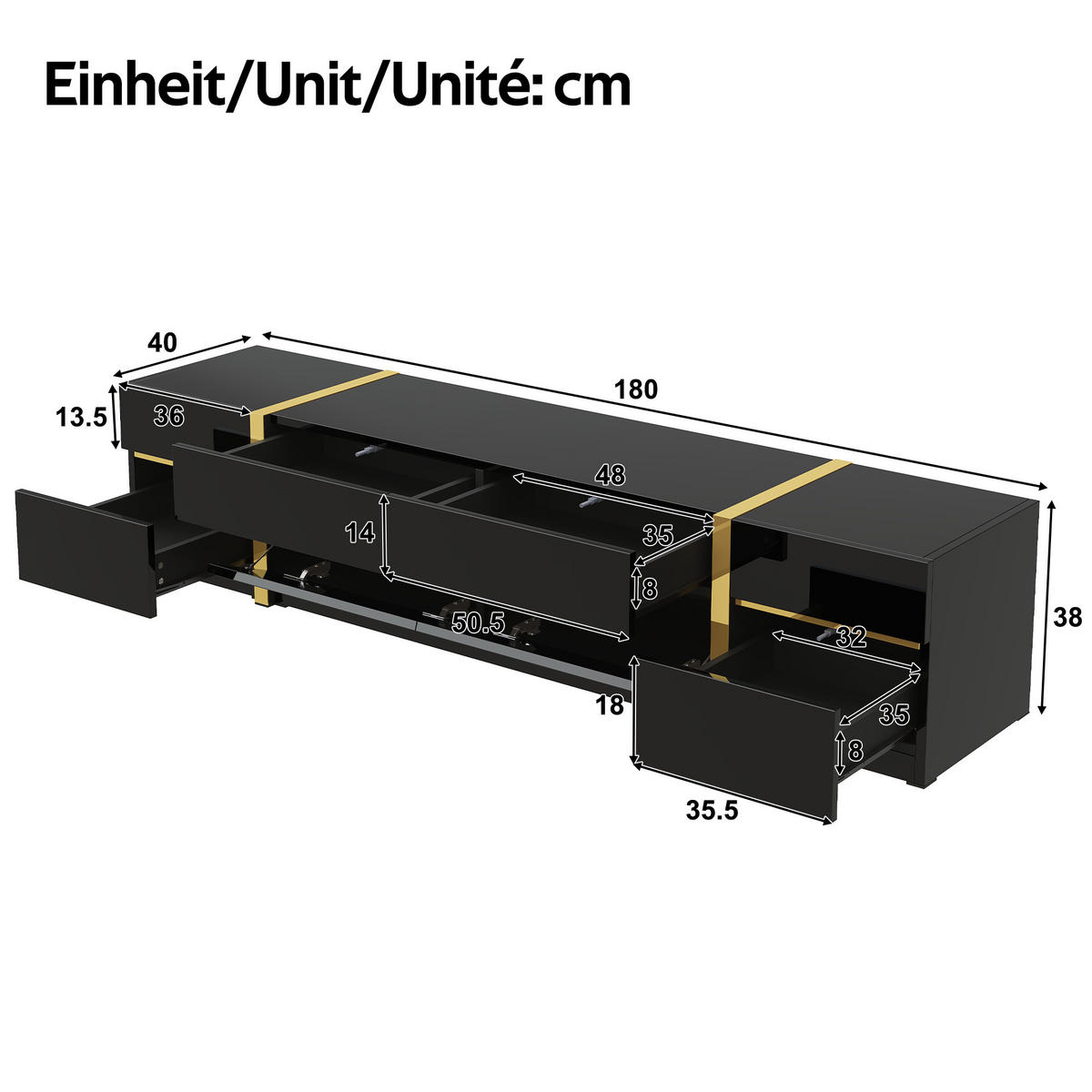 TV-SCHRANK Lowboard Hochglanz Goldkante Türen Schubladen - Schwarz, Holz (180/38/40cm) - LEBENLANG