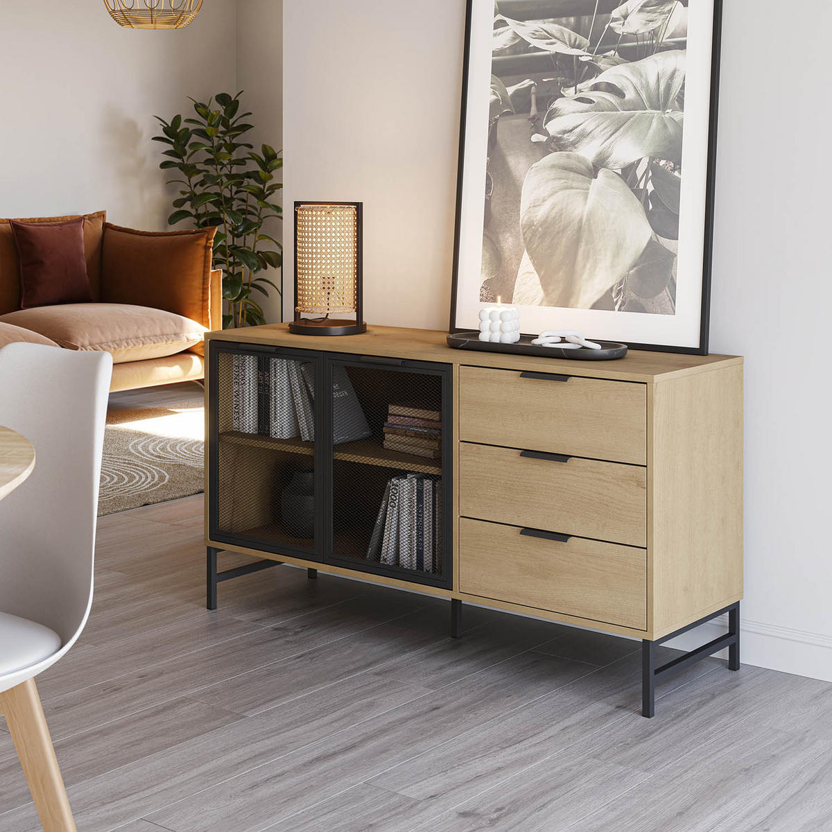 SIDEBOARD Isis 2 Metalltüren 3 Schubladen - Honigeiche, Holzwerkstoff (120/76/38cm)