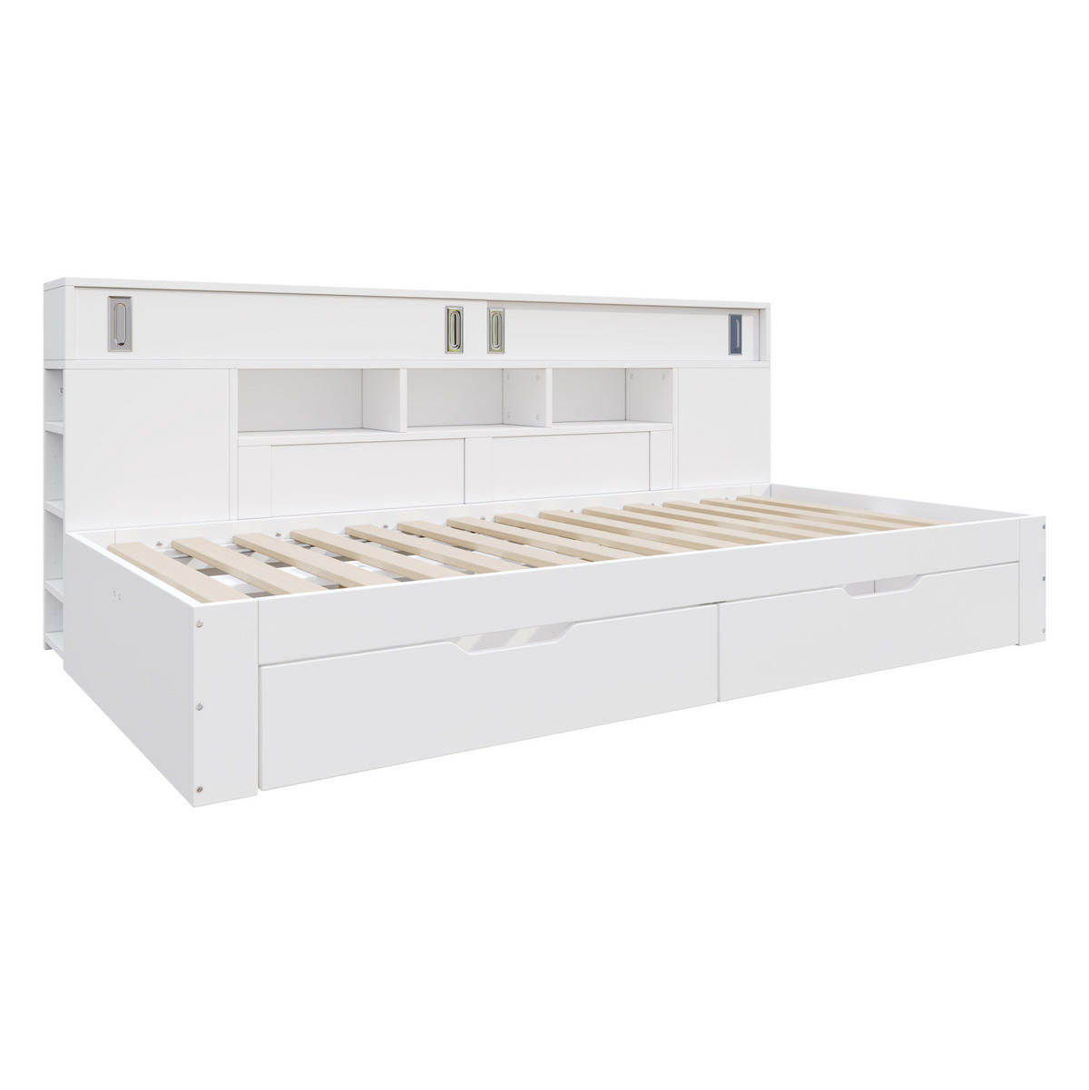 KINDERBETT 90/200 cm Weiß aus MDF mit Schubladen und Regal - Weiß, Holzwerkstoff (90/200cm) - OKMYHOME