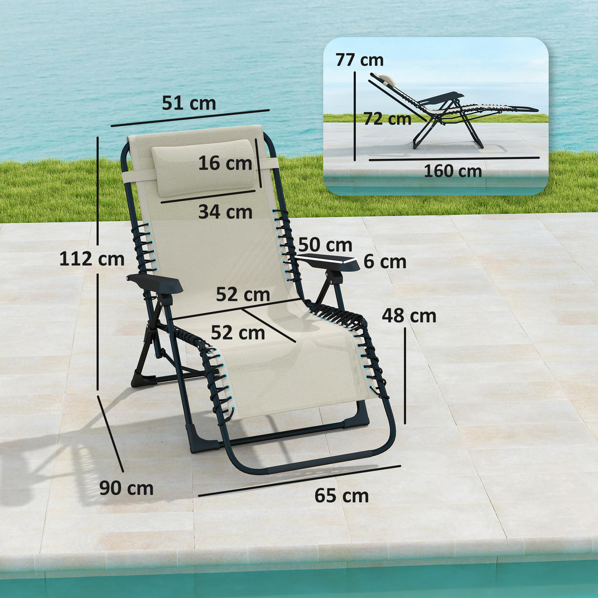 SONNENLIEGE klappbar Gartenliege mit Kopfkissen, Liegestuhl Campingliege Beige - Beige, Metall (65/112/90cm) - Outsunny