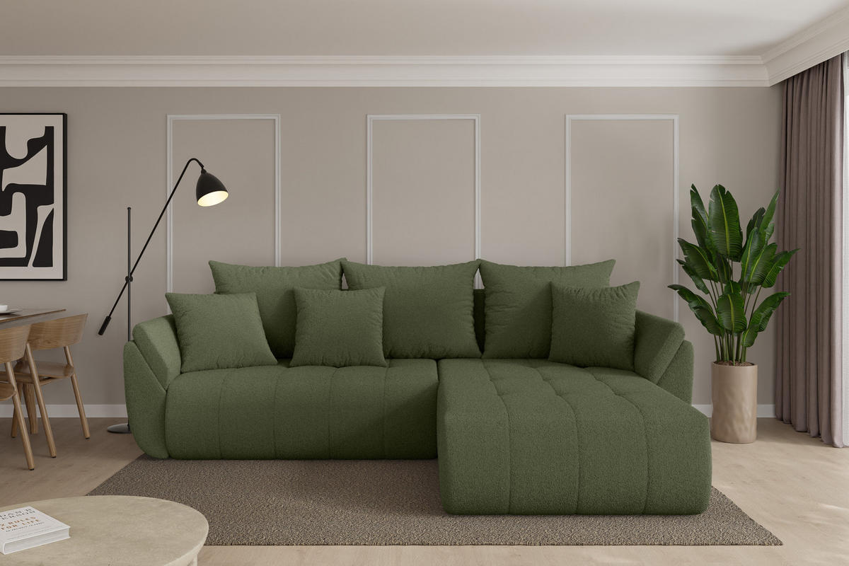 ROHOVÁ SEDAČKA s funkcí spaní, otoman vpravo TOKO-L 277x194x86 zelená bouclé - černá/zelená barva, kompozitní dřevo/textil (277/194cm) - ALTDECOR