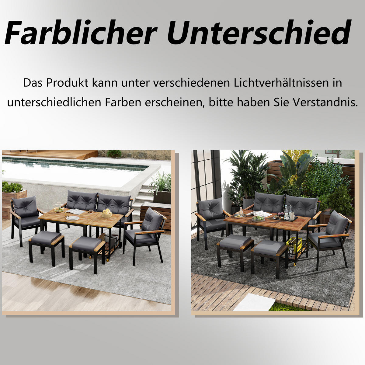 GARTEN Esstisch Set aus Akazienholz für 6 bis 7 Personen mit Sesseln und abnehmbarem Esswagen Stoffbezug waschbar - Grau, Metall - FLIEKS